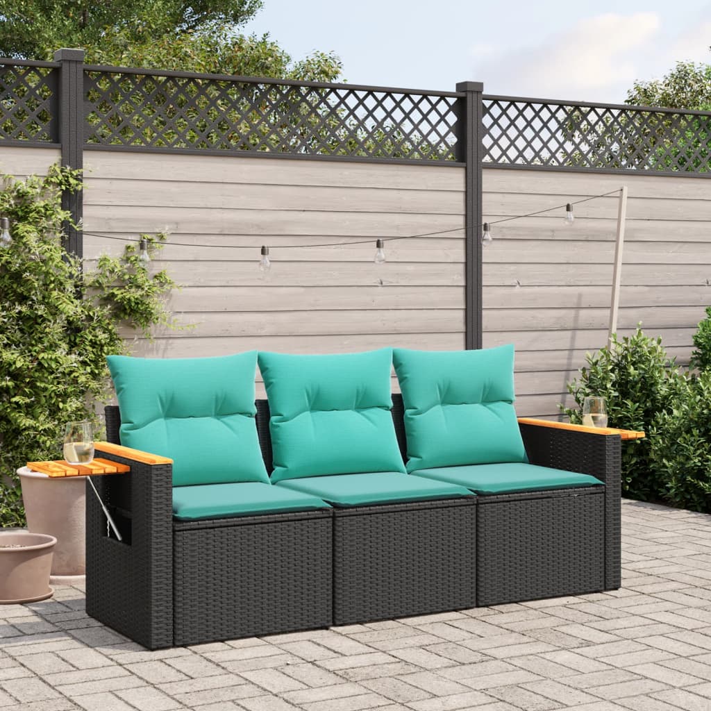 3 Pcs conjunto sofás de jardim com almofadões vime PE preto