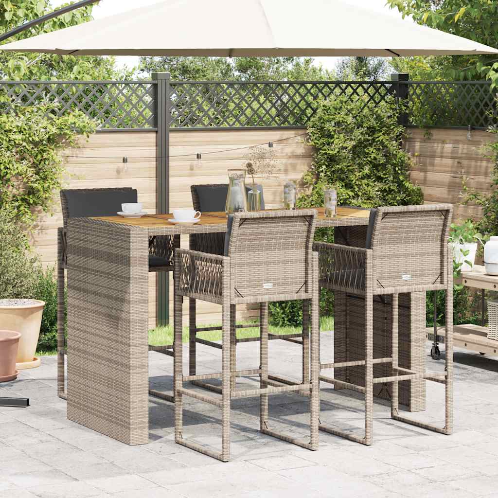5 Pcs conj. de bar jardim c/ almofadões vime PE/acácia cinzento