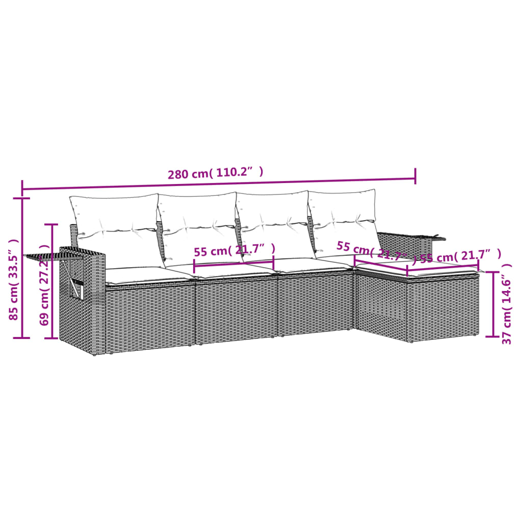5 Pcs conjunto sofás de jardim com almofadões vime PE preto