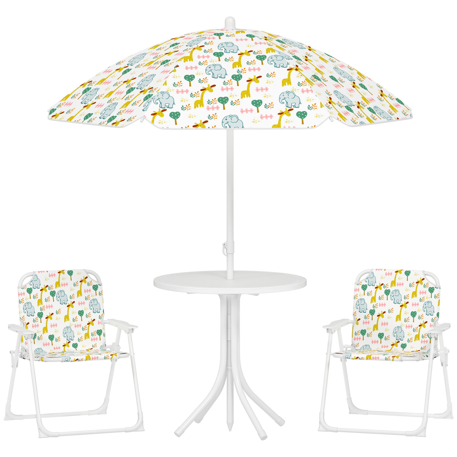 Conjunto infantil de mesa e cadeiras de jardim 4 peças cadeiras dobráveis chapéu de sol ajustável design de elefantes branco
