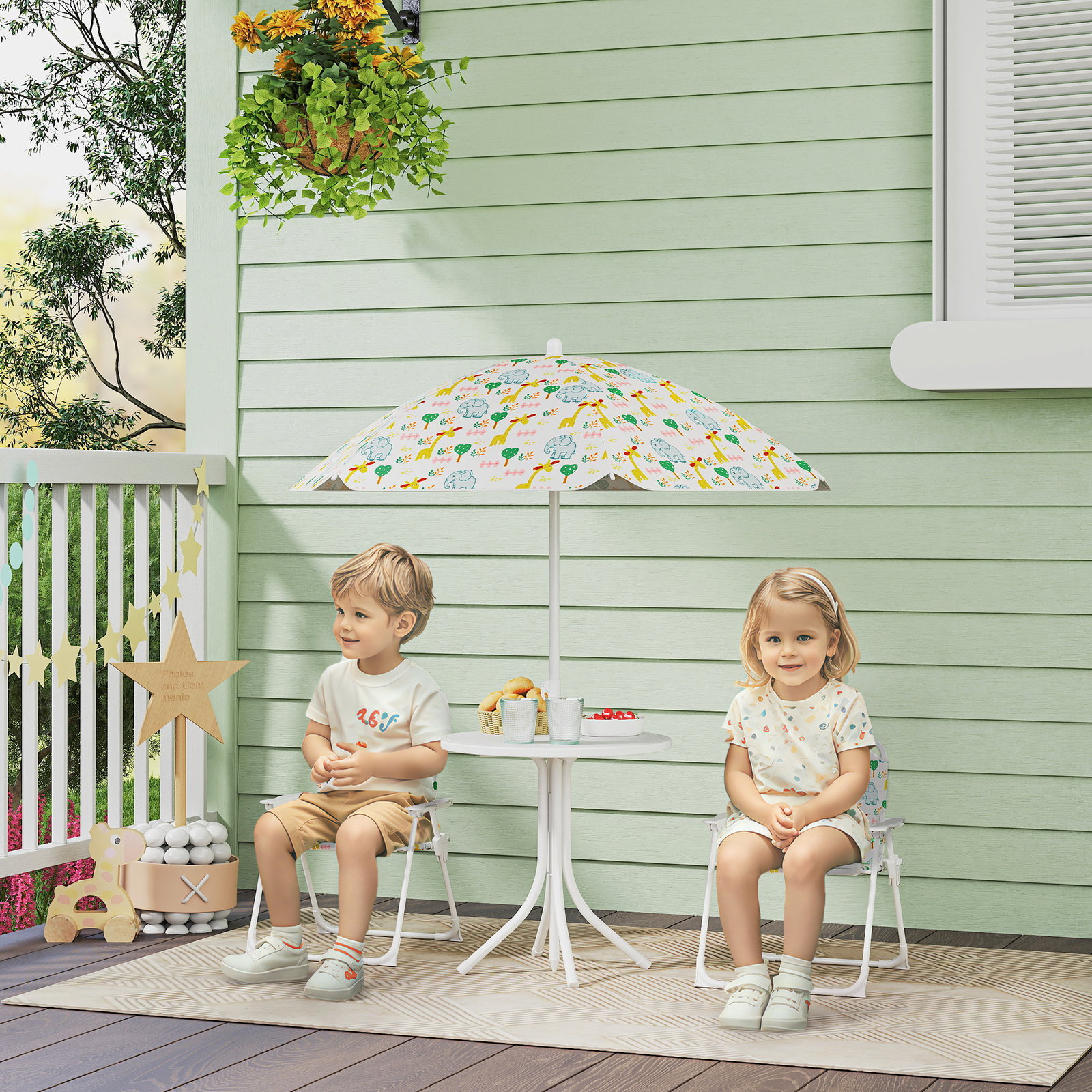 Conjunto infantil de mesa e cadeiras de jardim 4 peças cadeiras dobráveis chapéu de sol ajustável design de elefantes branco
