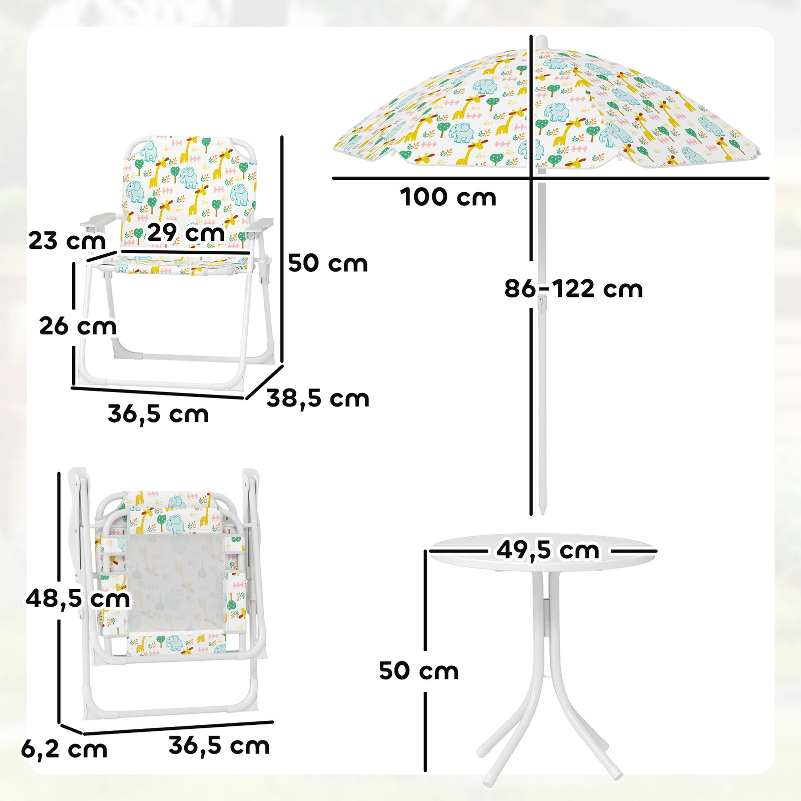 Conjunto infantil de mesa e cadeiras de jardim 4 peças cadeiras dobráveis chapéu de sol ajustável design de elefantes branco
