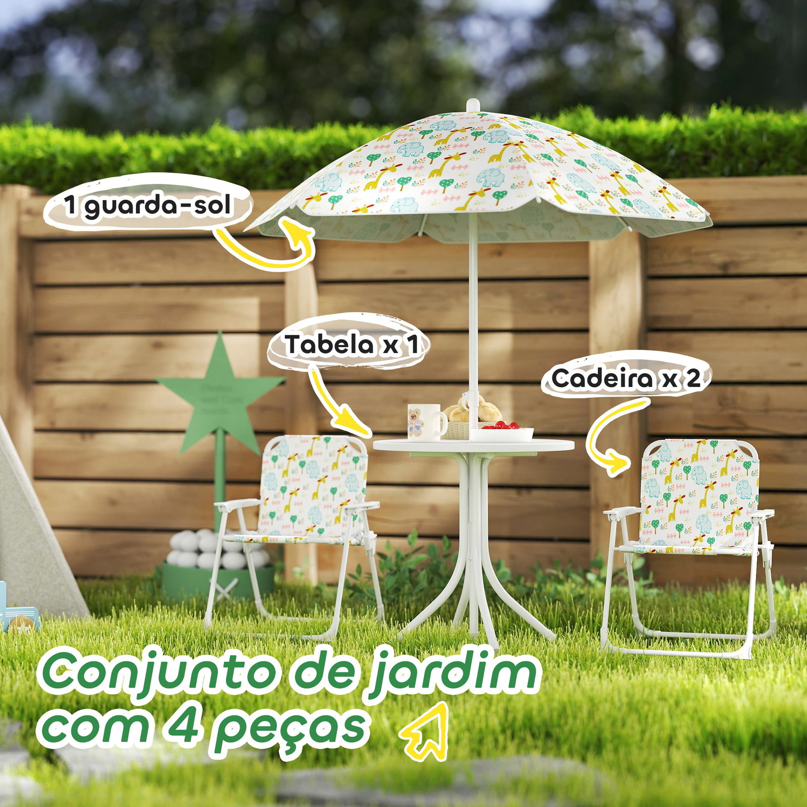 Conjunto infantil de mesa e cadeiras de jardim 4 peças cadeiras dobráveis chapéu de sol ajustável design de elefantes branco