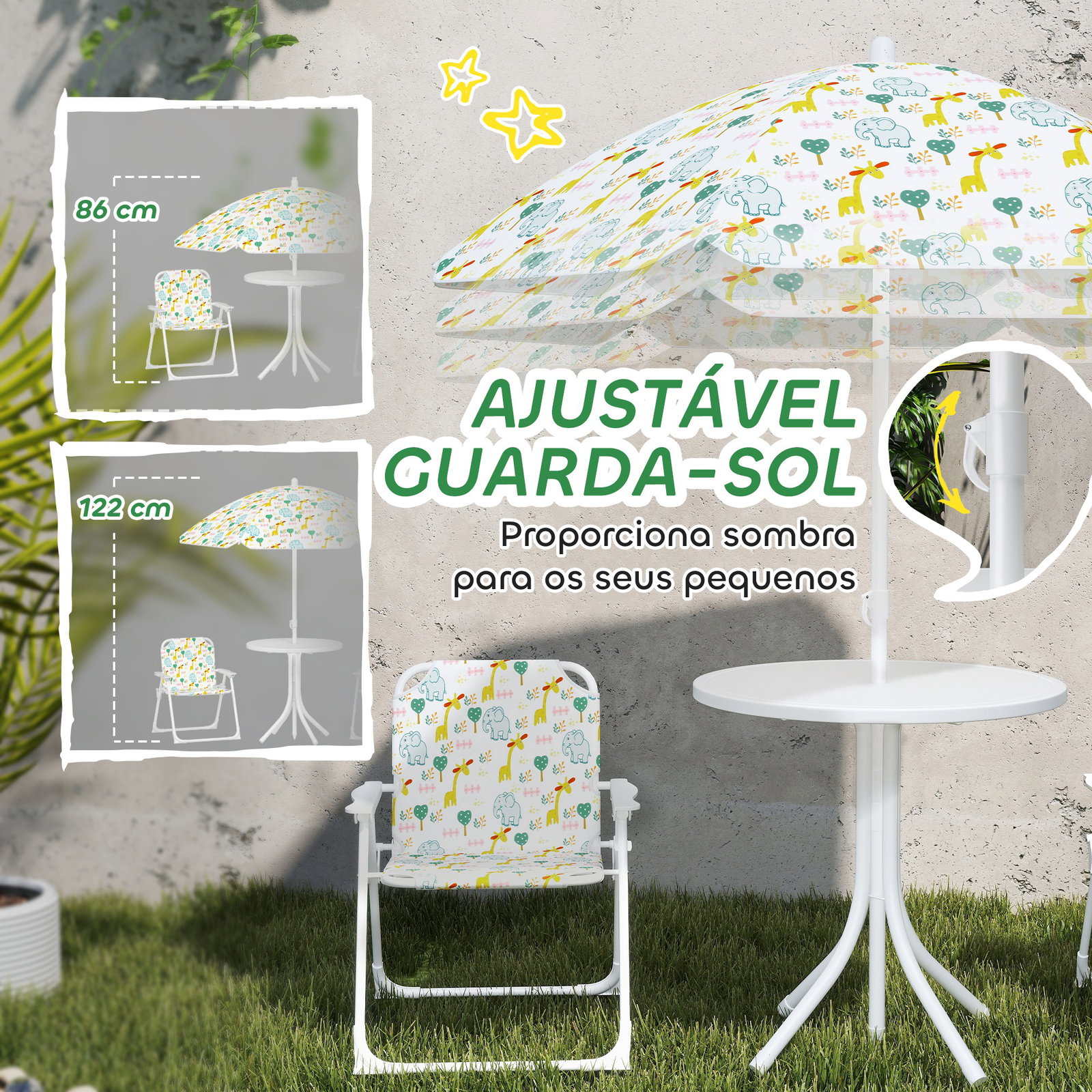 Conjunto infantil de mesa e cadeiras de jardim 4 peças cadeiras dobráveis chapéu de sol ajustável design de elefantes branco