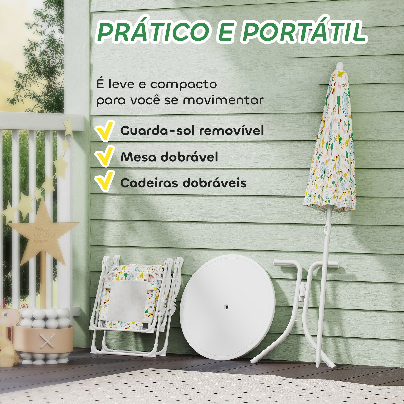 Conjunto infantil de mesa e cadeiras de jardim 4 peças cadeiras dobráveis chapéu de sol ajustável design de elefantes branco