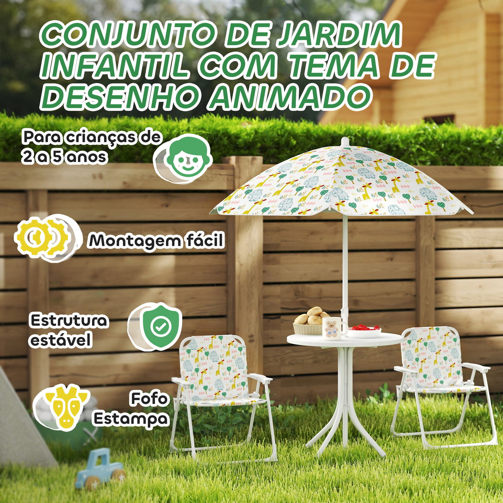 Conjunto infantil de mesa e cadeiras de jardim 4 peças cadeiras dobráveis chapéu de sol ajustável design de elefantes branco
