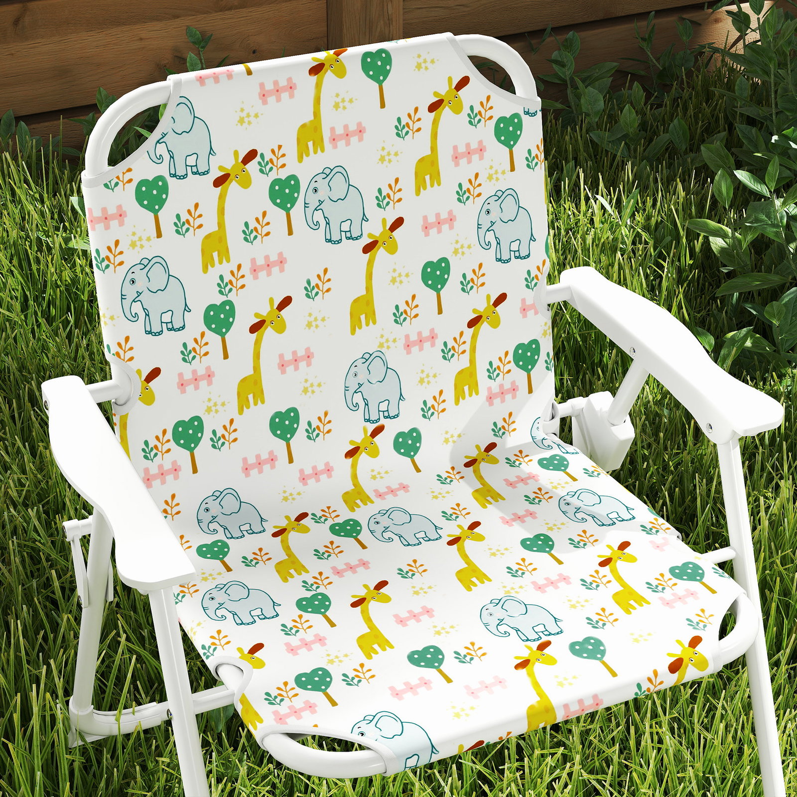 Conjunto infantil de mesa e cadeiras de jardim 4 peças cadeiras dobráveis chapéu de sol ajustável design de elefantes branco