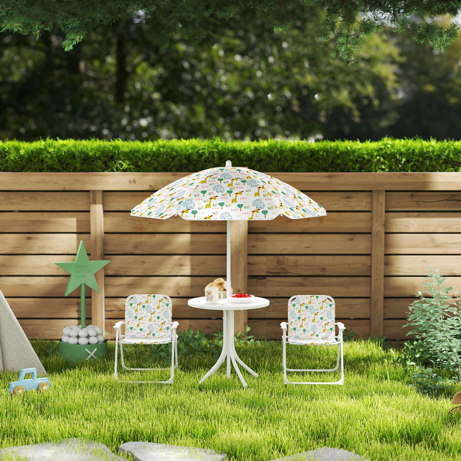 Conjunto infantil de mesa e cadeiras de jardim 4 peças cadeiras dobráveis chapéu de sol ajustável design de elefantes branco