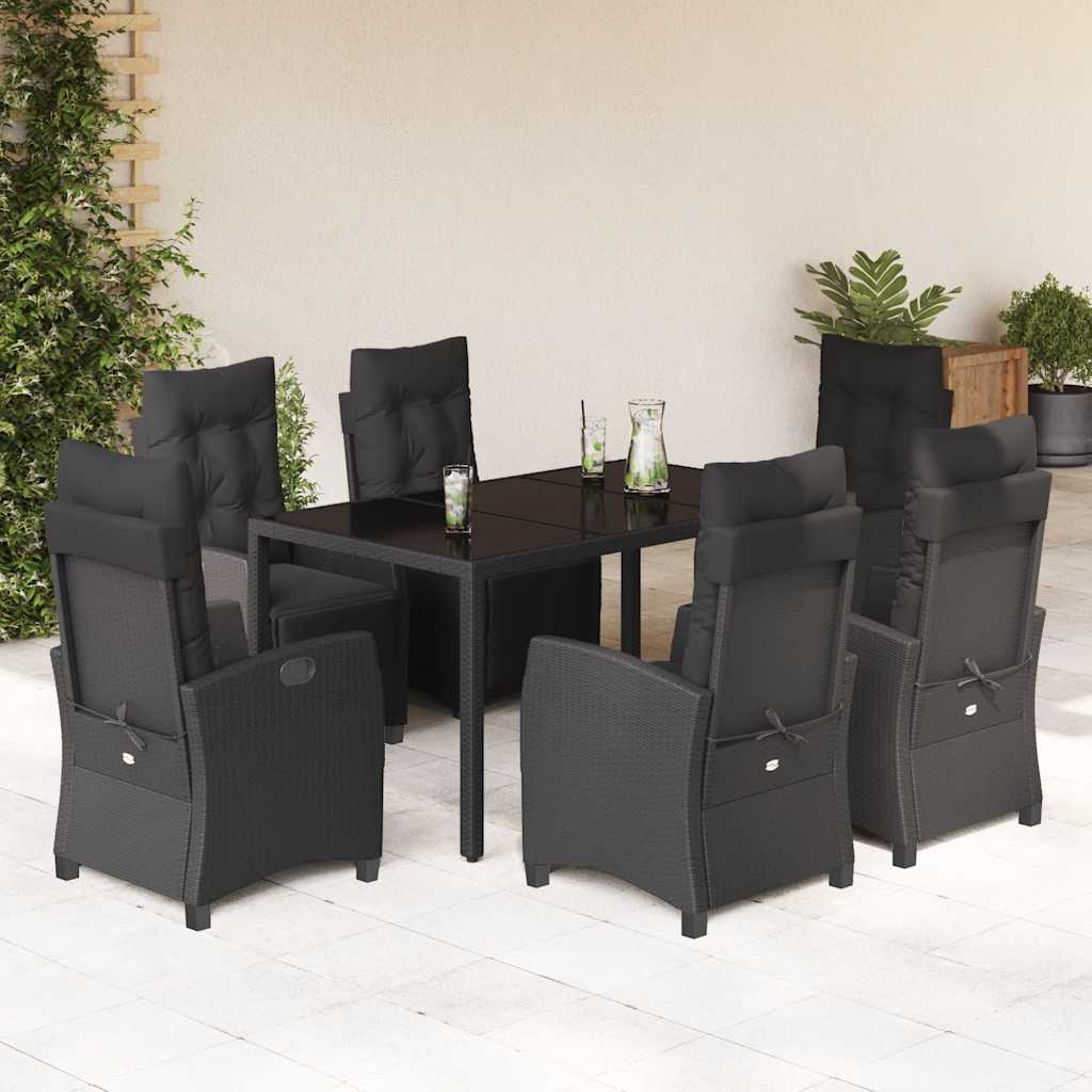 7 Pcs conjunto de jantar p/ jardim c/ almofadões vime PE preto