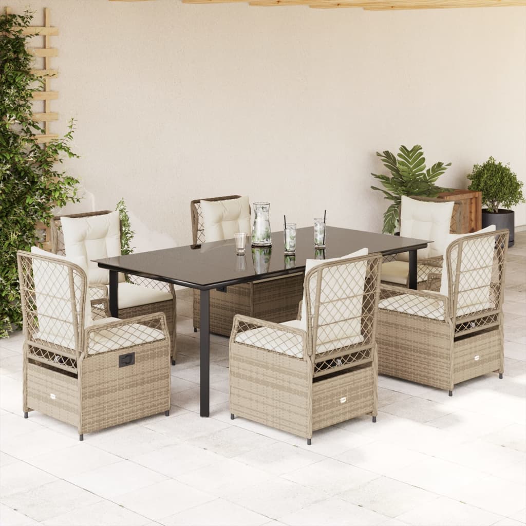 7 Pcs conjunto de jantar p/ jardim com almofadões vime PE bege