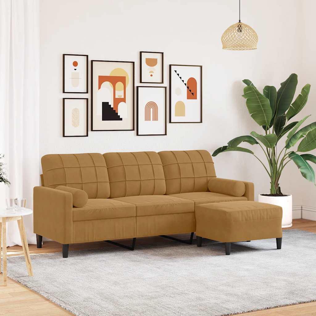 Sofá de 3 lugares com apoio de pés 180 cm veludo castanho