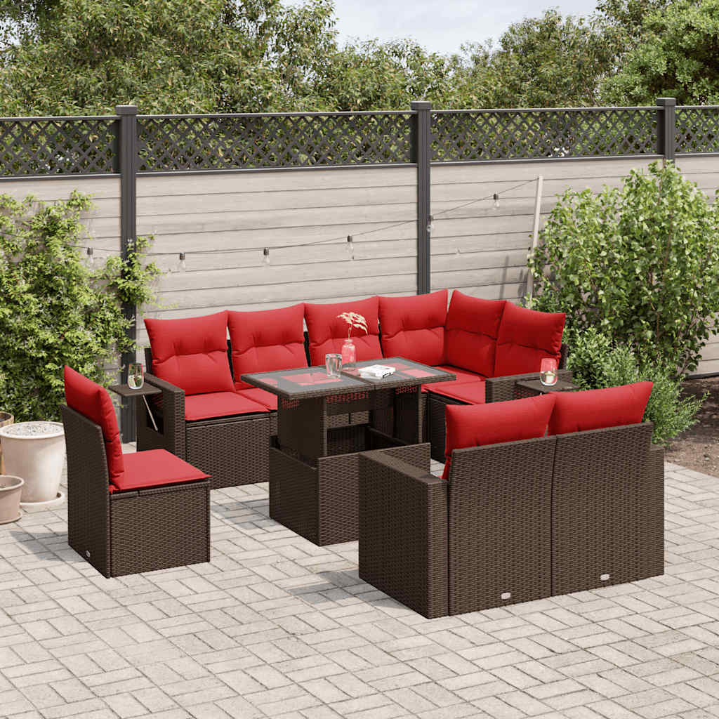 Conjunto de sofá de jardim com 9 peças e almofadas em rattan sintético marrom