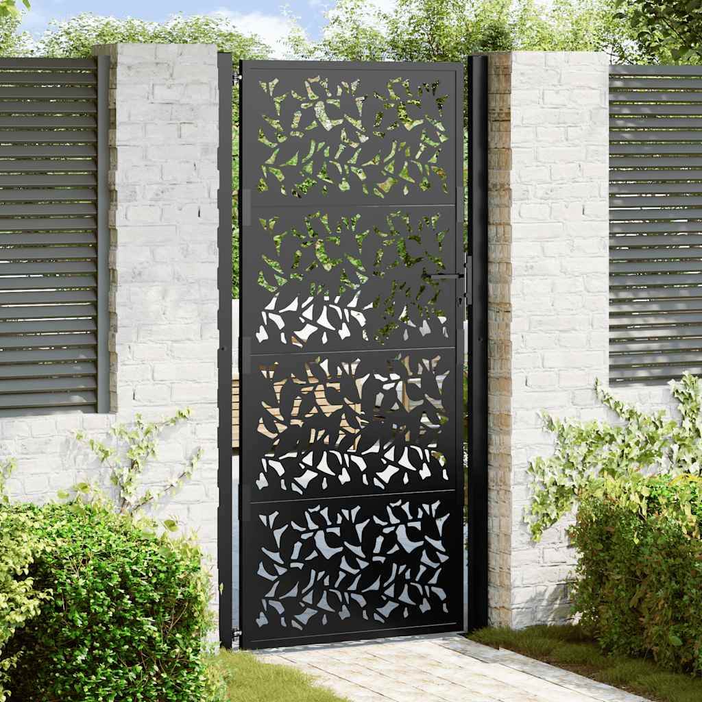 Portão de jardim preto 100x200 cm com design de folha de aço