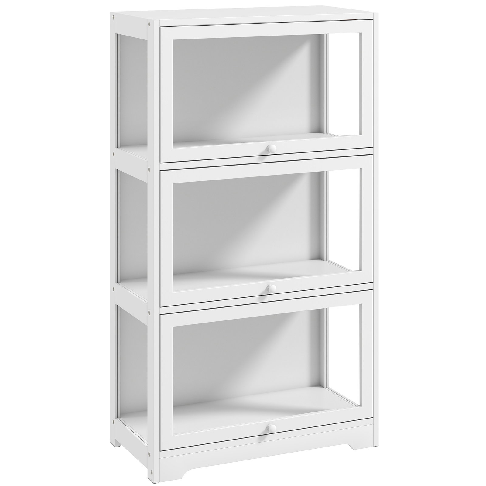Vitrine expositora para coleções com 3 níveis e portas elevatórias em acrílico para figuras 59x30x106 cm branco
