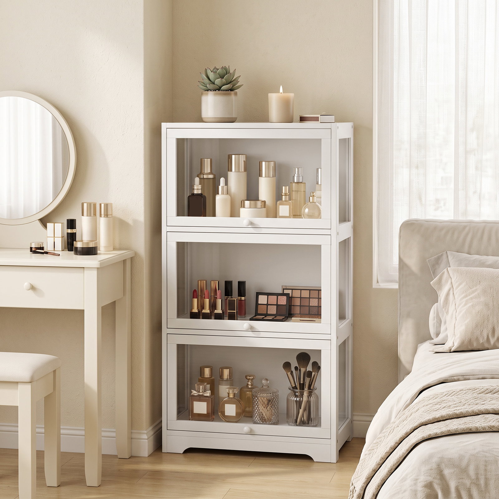 Vitrine expositora para coleções com 3 níveis e portas elevatórias em acrílico para figuras 59x30x106 cm branco
