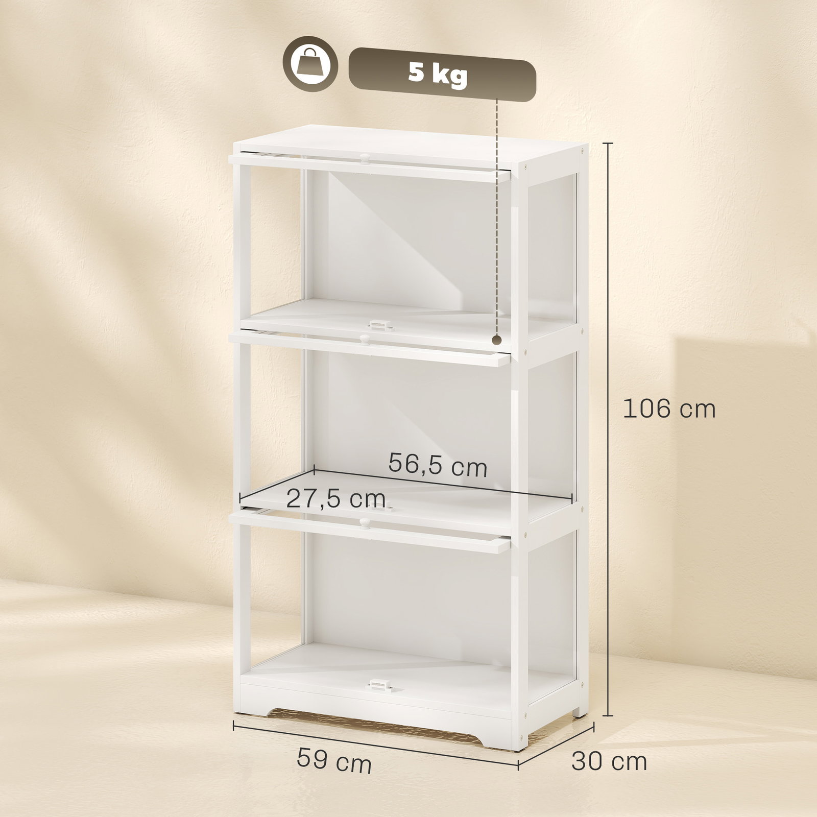 Vitrine expositora para coleções com 3 níveis e portas elevatórias em acrílico para figuras 59x30x106 cm branco