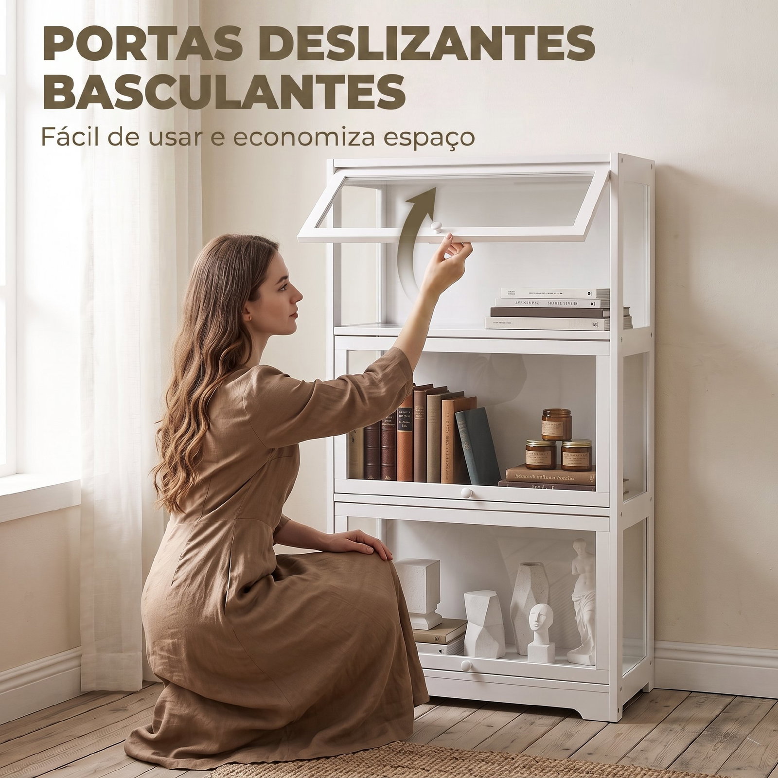 Vitrine expositora para coleções com 3 níveis e portas elevatórias em acrílico para figuras 59x30x106 cm branco