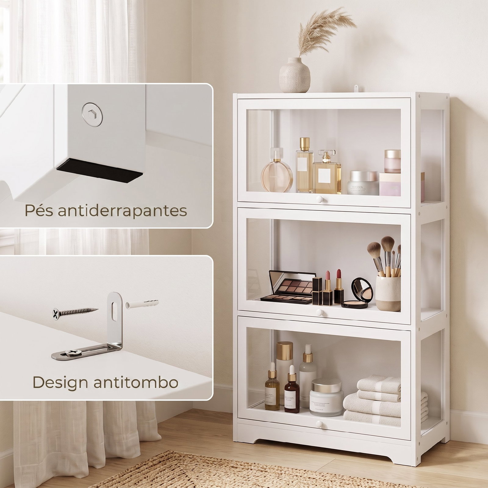 Vitrine expositora para coleções com 3 níveis e portas elevatórias em acrílico para figuras 59x30x106 cm branco