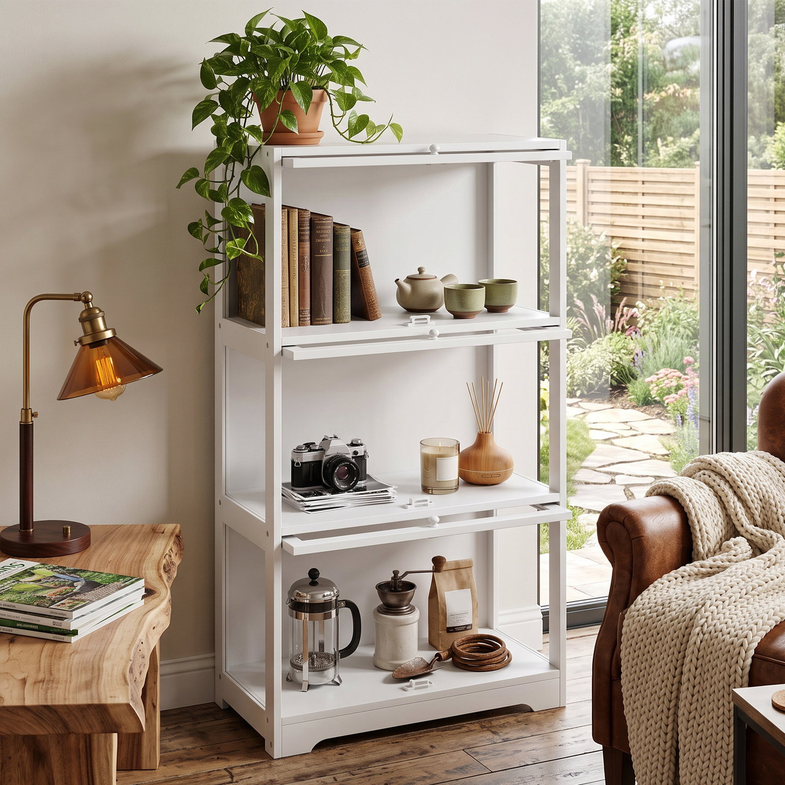 Vitrine expositora para coleções com 3 níveis e portas elevatórias em acrílico para figuras 59x30x106 cm branco