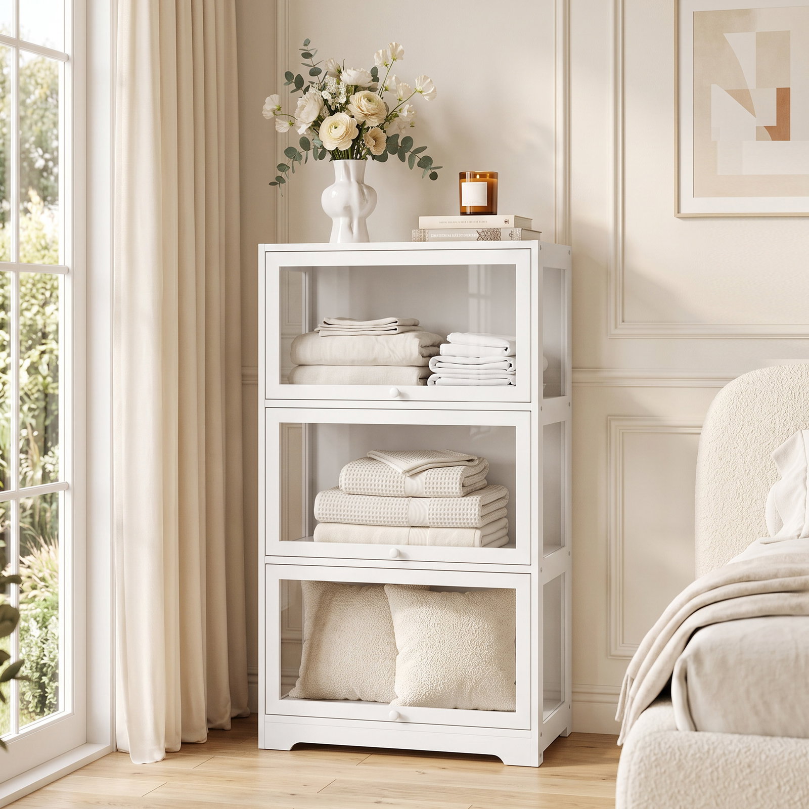 Vitrine expositora para coleções com 3 níveis e portas elevatórias em acrílico para figuras 59x30x106 cm branco
