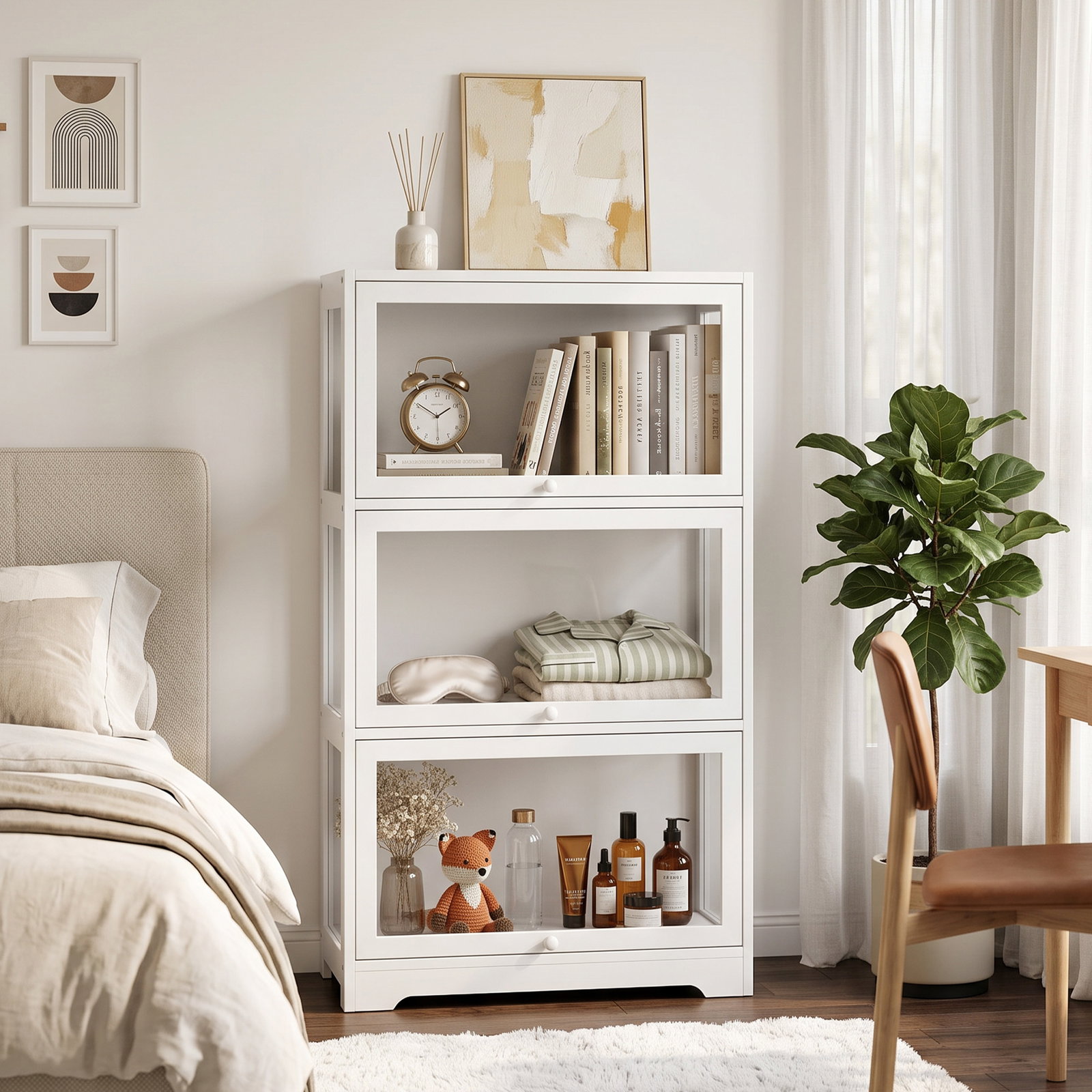 Vitrine expositora para coleções com 3 níveis e portas elevatórias em acrílico para figuras 59x30x106 cm branco