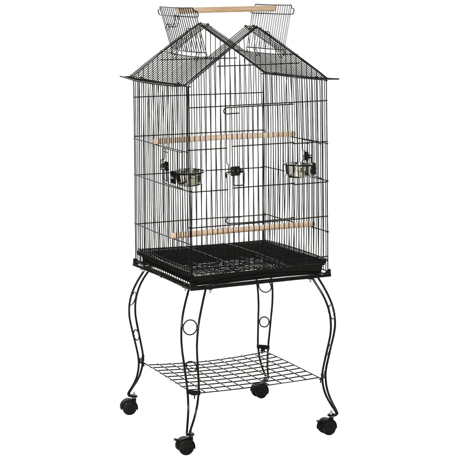 Gaiola para pássaros com suporte rodas bandeja amovível 2 comedouros e prateleira inferior de metal 50x58x145 cm preto