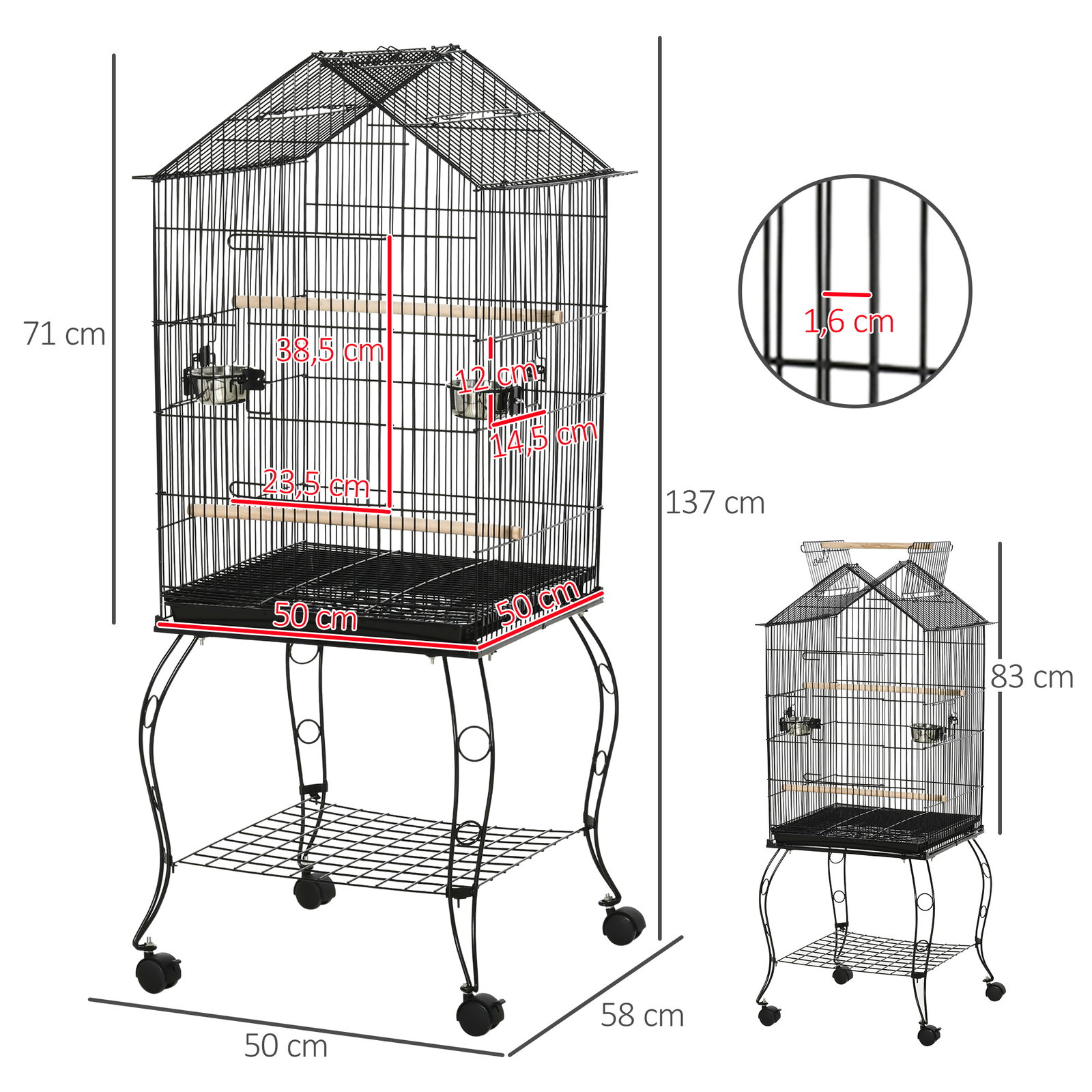 Gaiola para pássaros com suporte rodas bandeja amovível 2 comedouros e prateleira inferior de metal 50x58x145 cm preto