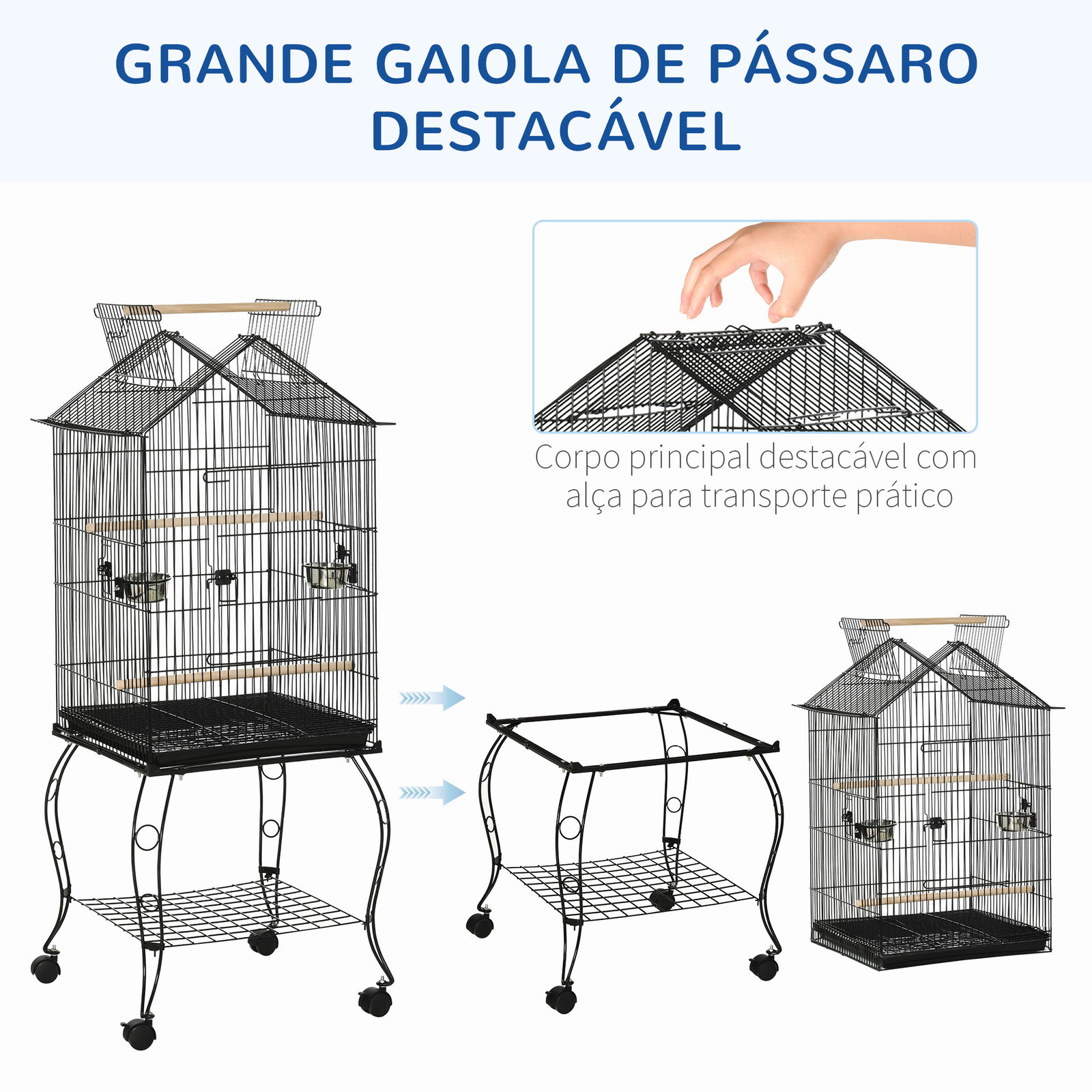 Gaiola para pássaros com suporte rodas bandeja amovível 2 comedouros e prateleira inferior de metal 50x58x145 cm preto