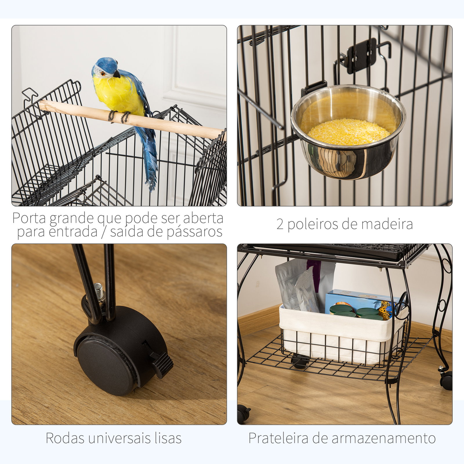 Gaiola para pássaros com suporte rodas bandeja amovível 2 comedouros e prateleira inferior de metal 50x58x145 cm preto