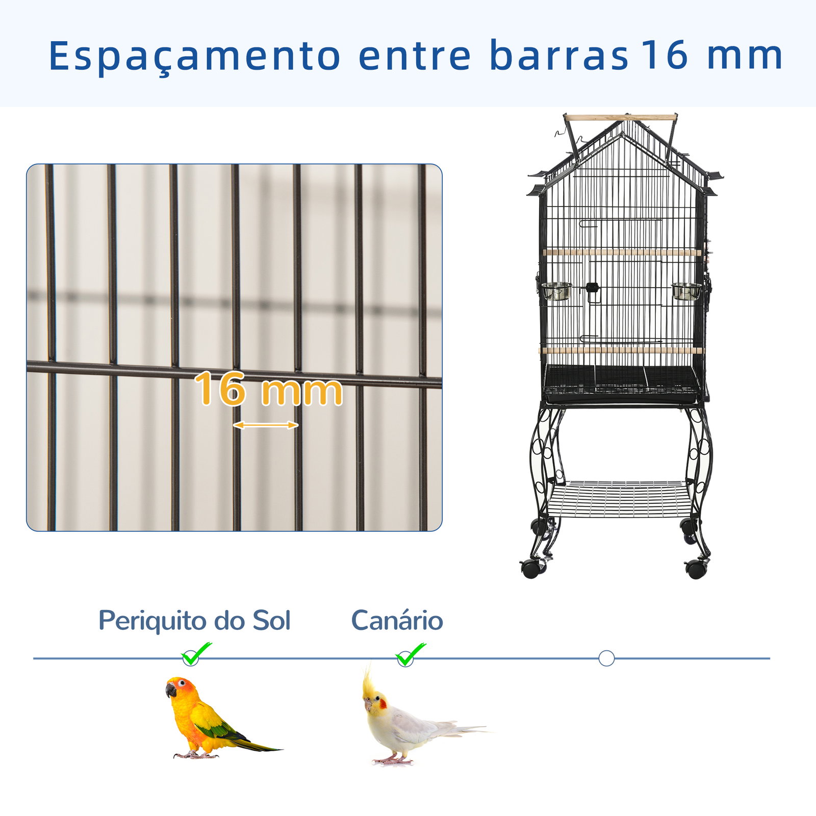 Gaiola para pássaros com suporte rodas bandeja amovível 2 comedouros e prateleira inferior de metal 50x58x145 cm preto
