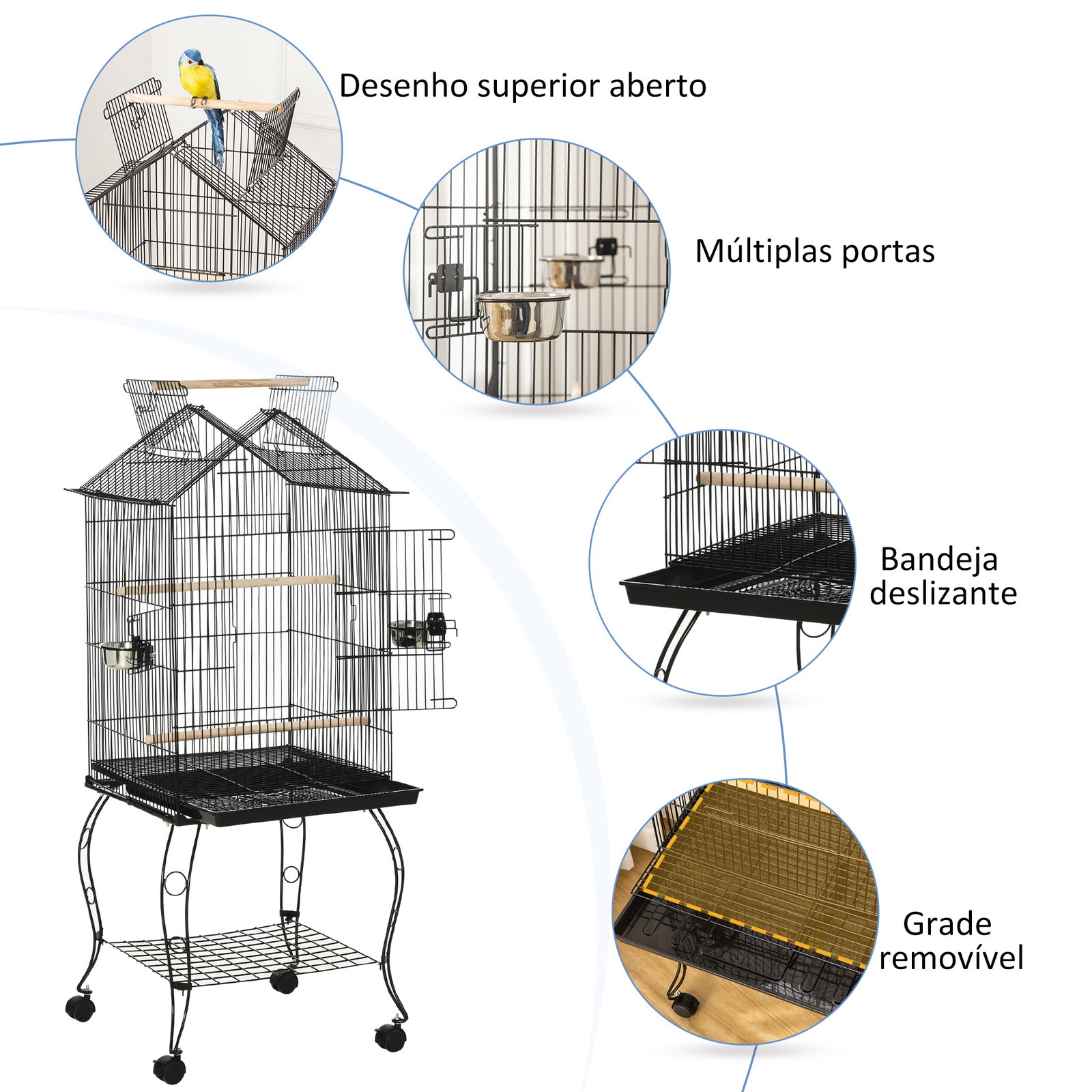 Gaiola para pássaros com suporte rodas bandeja amovível 2 comedouros e prateleira inferior de metal 50x58x145 cm preto