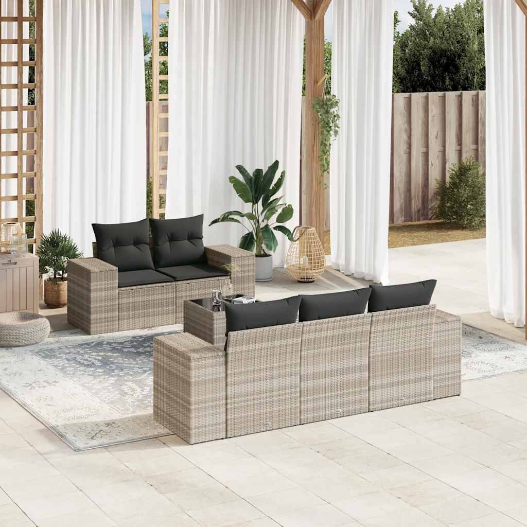 6 Pcs conj. sofás jardim com almofadões vime PE cinzento-claro