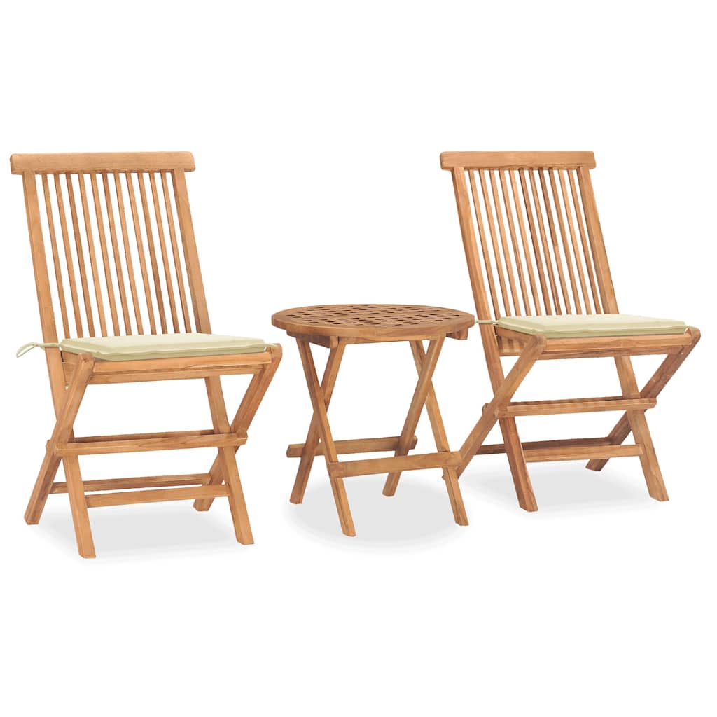 3 Pcs conj. jantar dobrável exterior c/ almofadão teca maciça