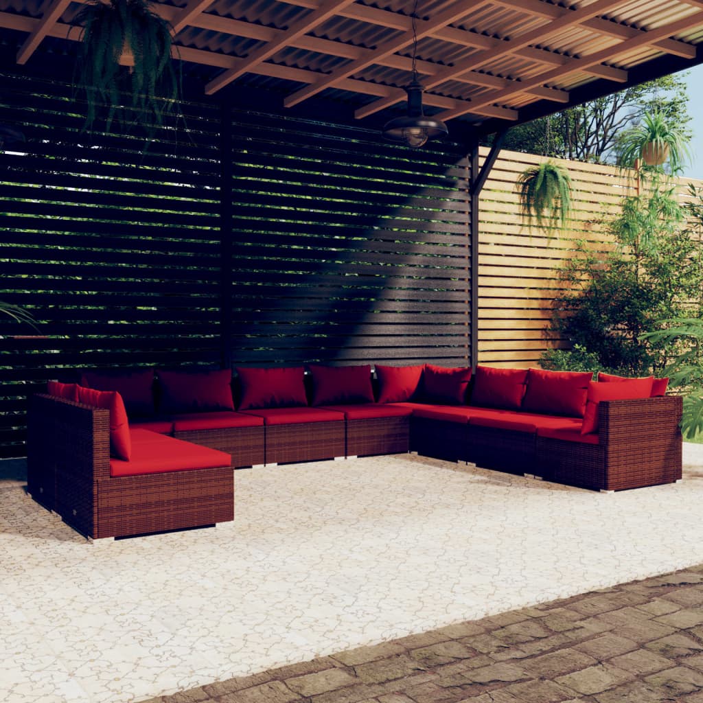 10 Pcs conjunto lounge jardim c/ almofadões vime PE castanho