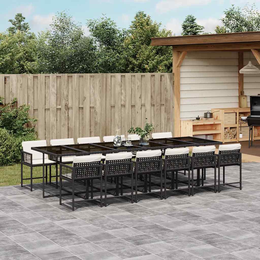 13 Pcs conjunto de jantar p/jardim com almofadões vime PE preto