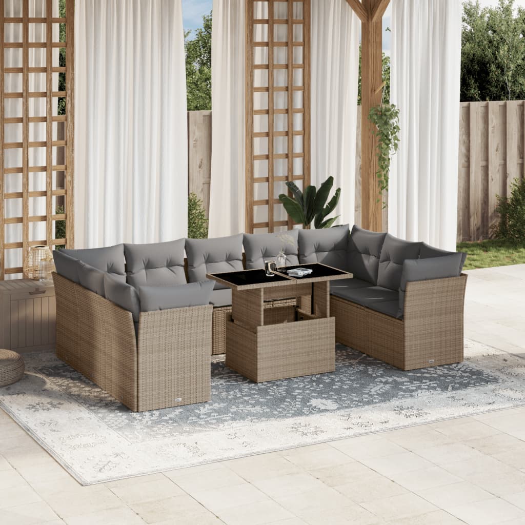 10 Pcs conjunto de sofás p/ jardim com almofadões vime PE bege