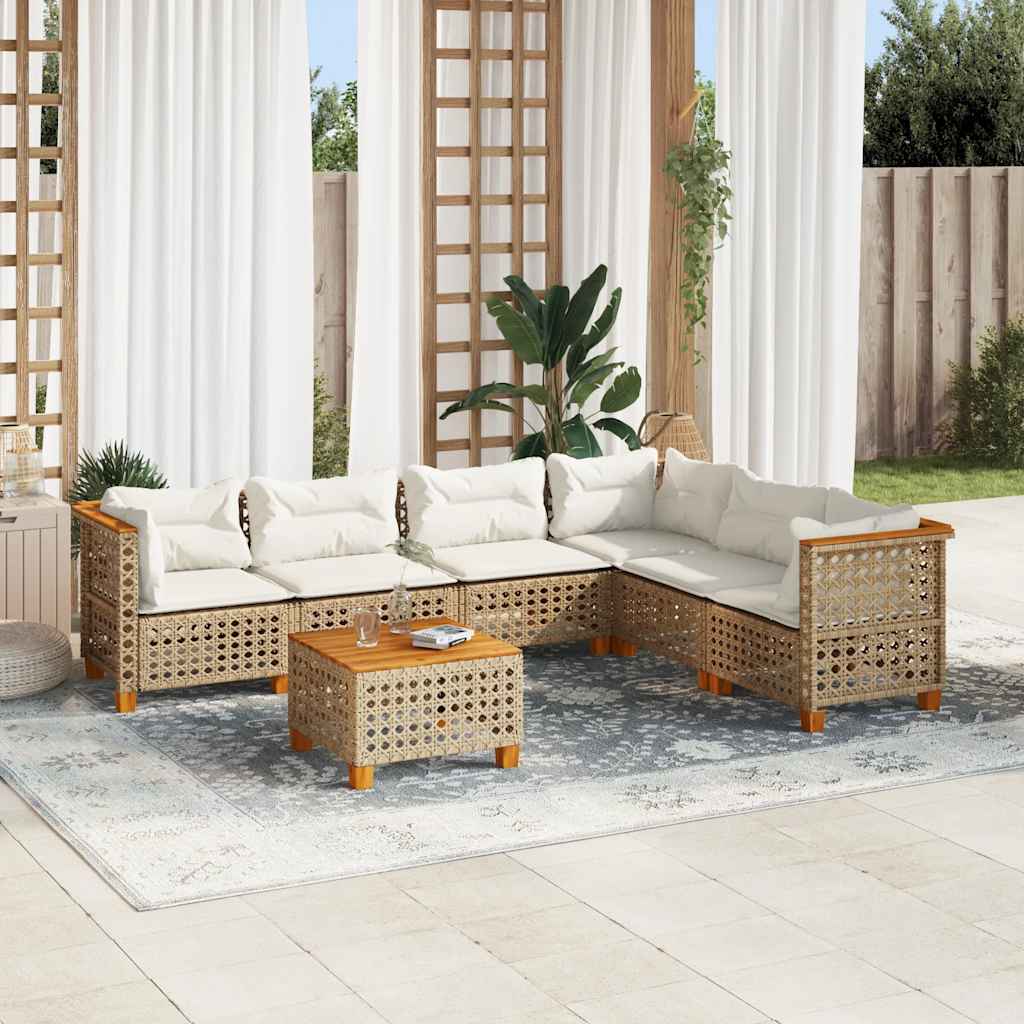 7 Pcs conjunto de sofás p/ jardim com almofadões vime PE bege