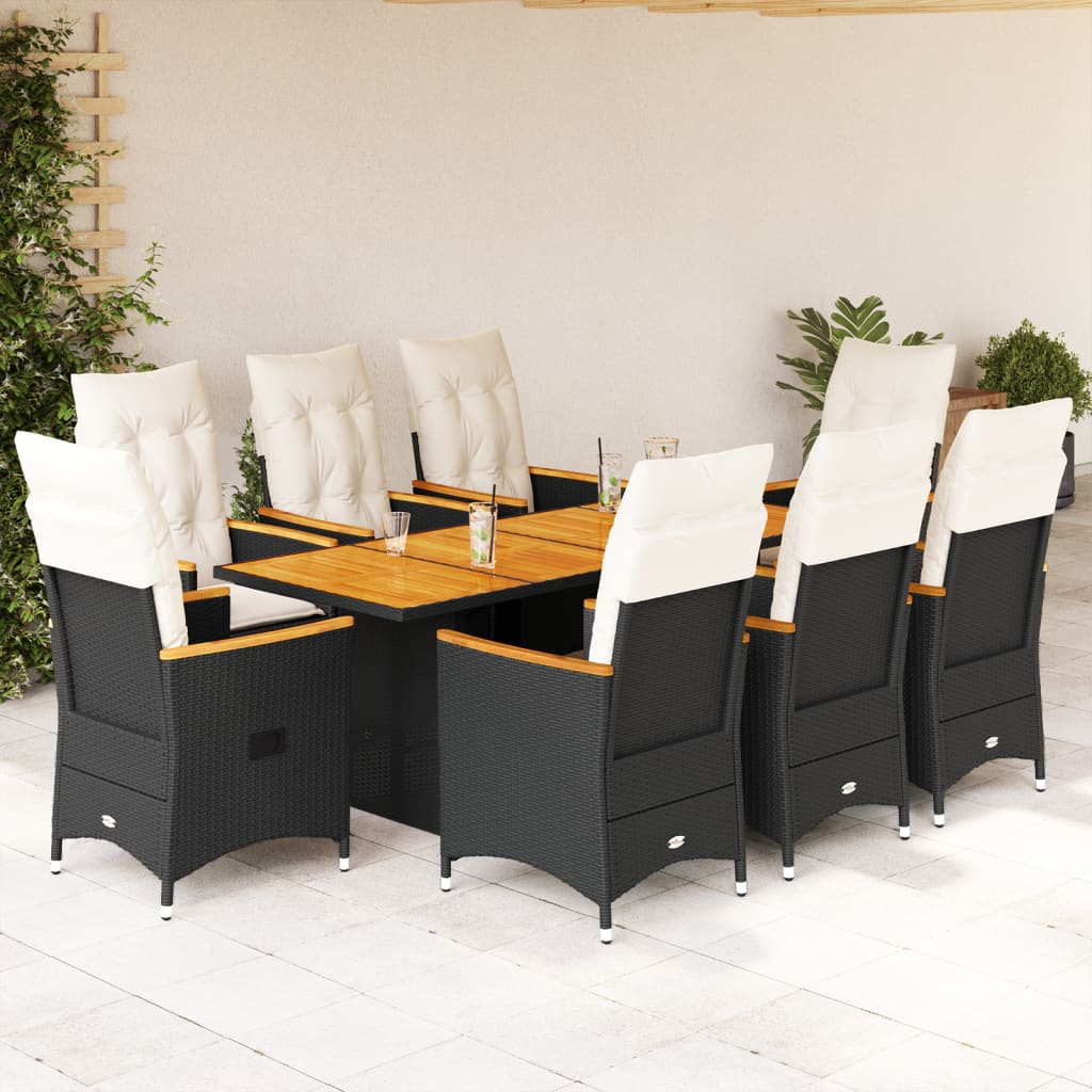 9 Pcs conjunto de jantar p/ jardim c/ almofadões vime PE preto