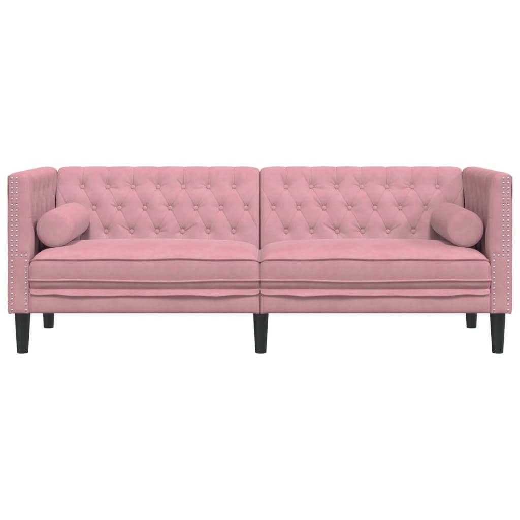 Sofá chesterfield com rolos 3 lugares veludo rosa