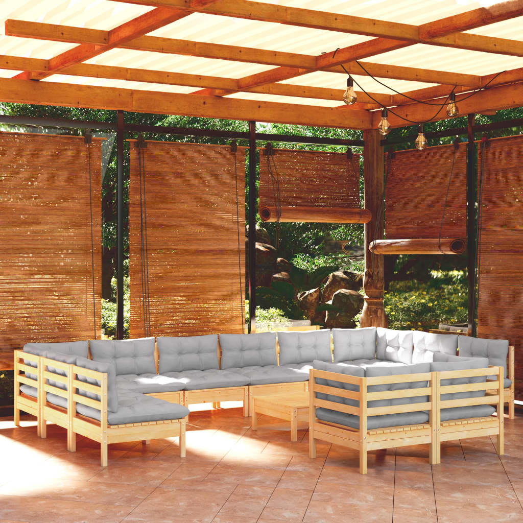 13 Pcs conjunto lounge de jardim c/ almofadões cinza pinho
