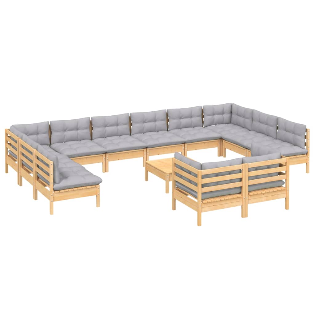 13 Pcs conjunto lounge de jardim c/ almofadões cinza pinho