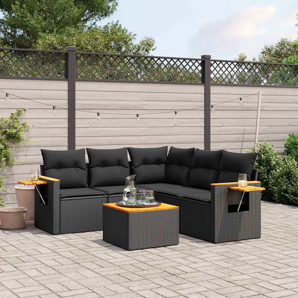 6 Pcs conjunto sofás de jardim c/ almofadões vime PE preto