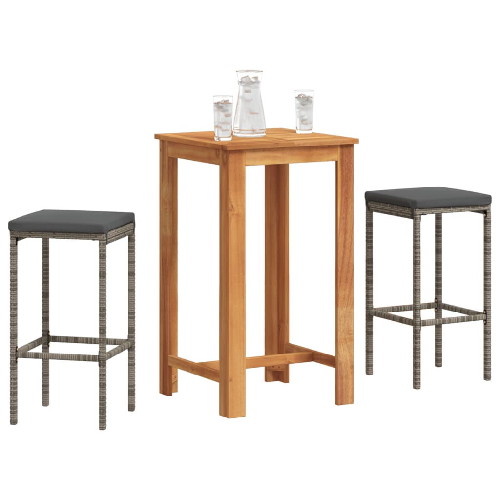 3 Pcs conjunto de bar p/ jardim acácia maciça/vime PE cinzento