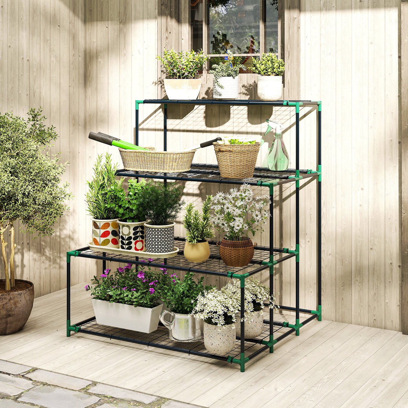 Suporte para plantas de 4 níveis com design em escada e estrutura metálica resistente para interior e exterior verde