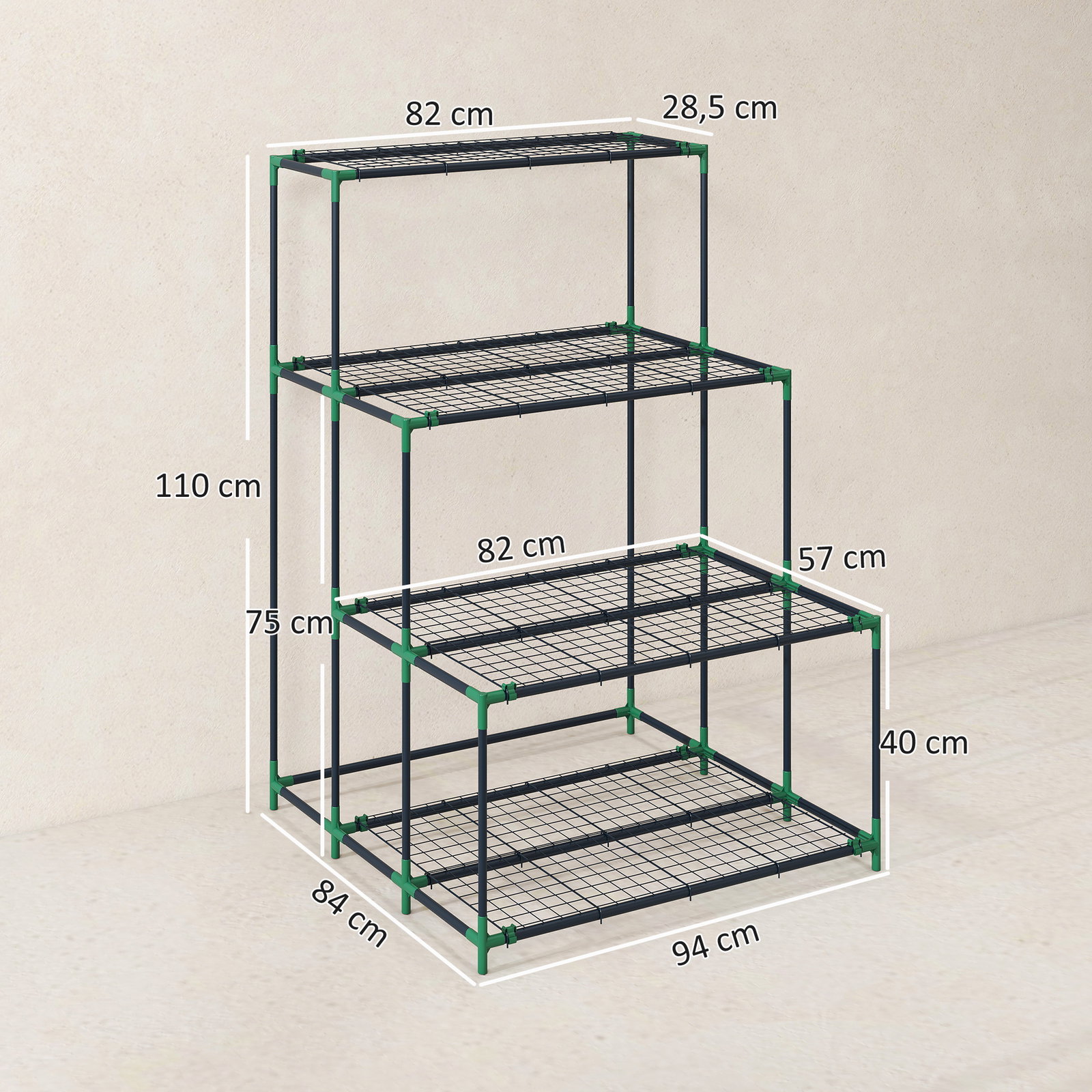 Suporte para plantas de 4 níveis com design em escada e estrutura metálica resistente para interior e exterior verde