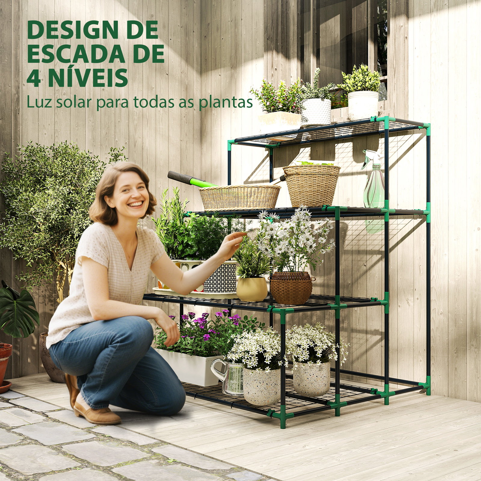 Suporte para plantas de 4 níveis com design em escada e estrutura metálica resistente para interior e exterior verde