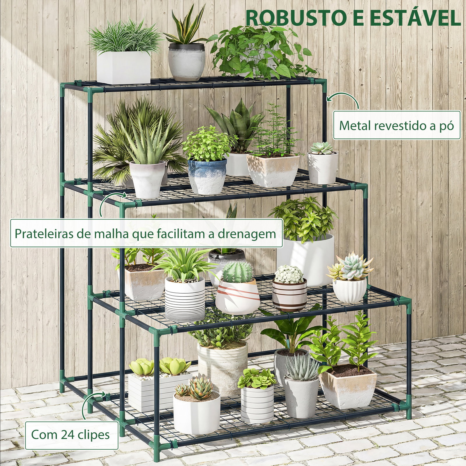 Suporte para plantas de 4 níveis com design em escada e estrutura metálica resistente para interior e exterior verde