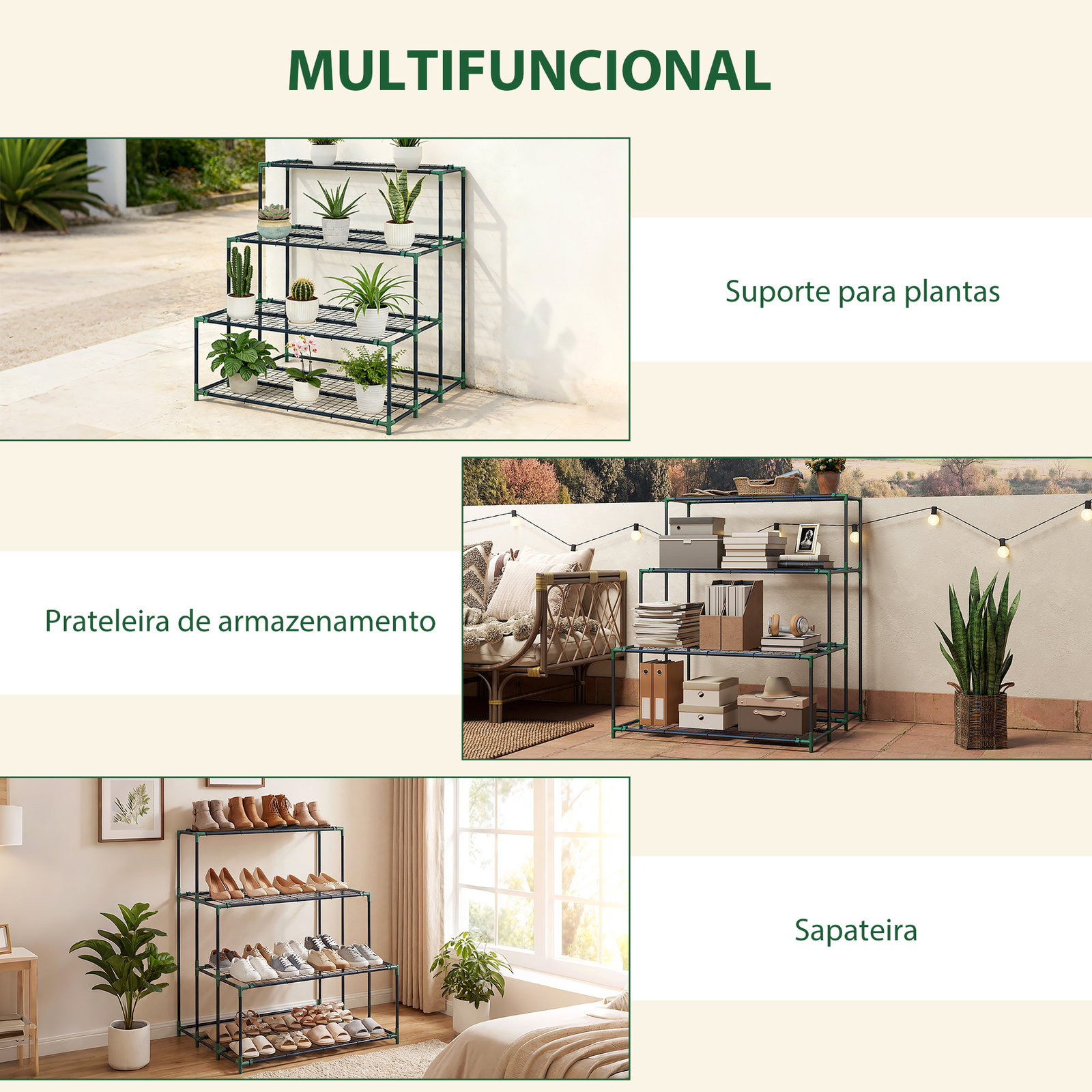 Suporte para plantas de 4 níveis com design em escada e estrutura metálica resistente para interior e exterior verde