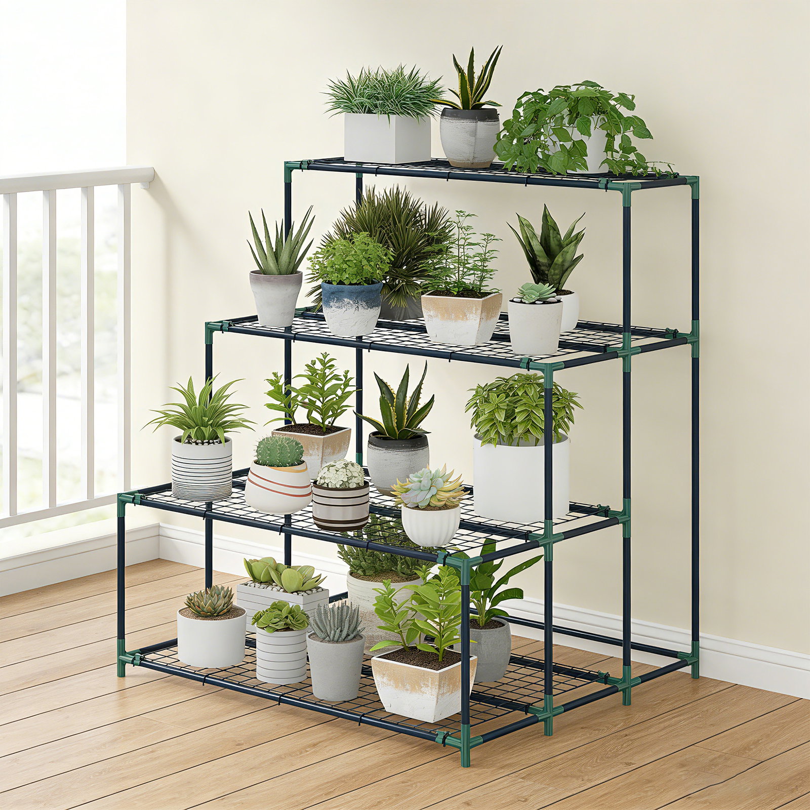 Suporte para plantas de 4 níveis com design em escada e estrutura metálica resistente para interior e exterior verde