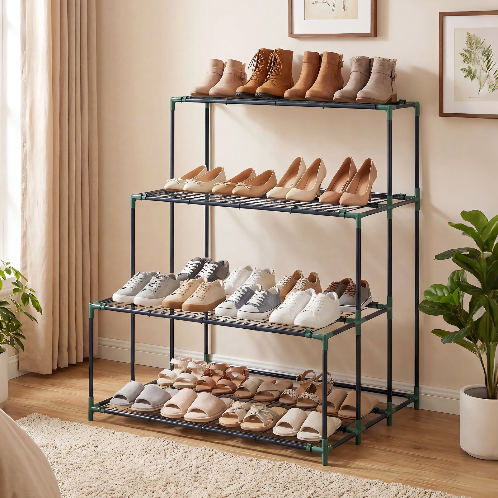 Suporte para plantas de 4 níveis com design em escada e estrutura metálica resistente para interior e exterior verde